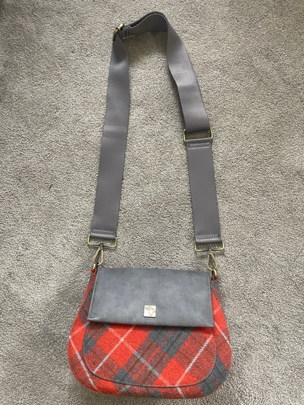House of Tweed Gray and Red Crossbody Bag with Adjustable Strap